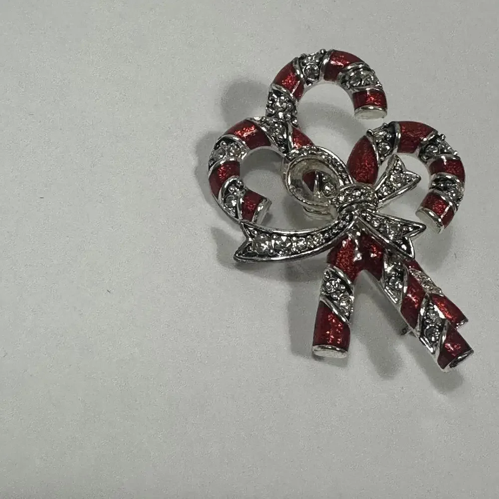 Monet Red and Silver Toned Christmas Candy Cane Brooch with‎ Clear CZ